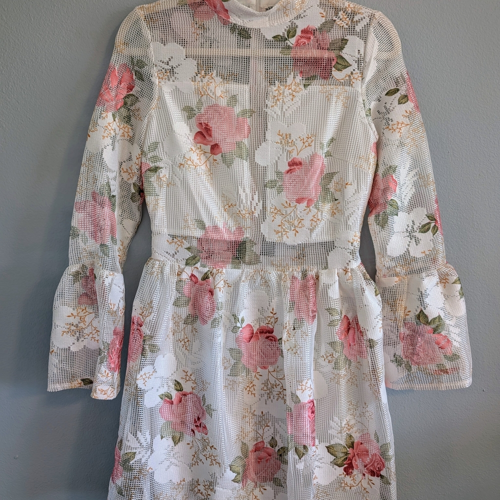Floral Mesh Dress with Bell Sleeves